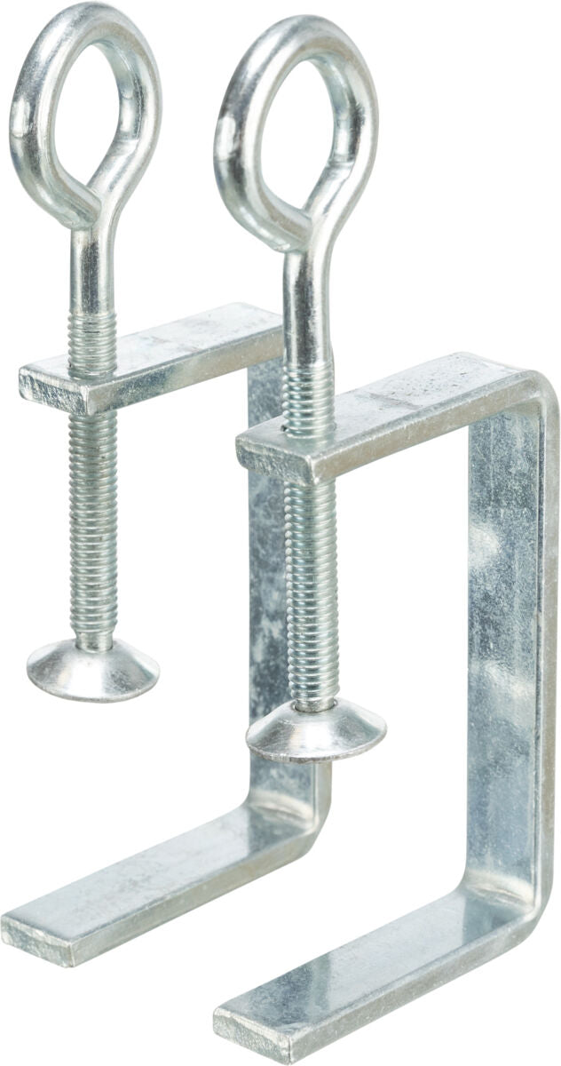 Zwei silberne Metall-Schraubklemmen mit Ösen sind in einem L-förmigen Design dargestellt.