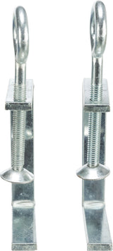 Zwei silberne Metallhaken mit Schraubgewinde und flACHEM Sockel, vertikal nebeneinander stehend.