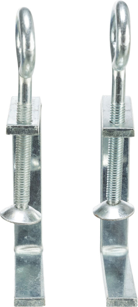 Zwei silberne Metallhaken mit Schraubgewinde und flACHEM Sockel, vertikal nebeneinander stehend.