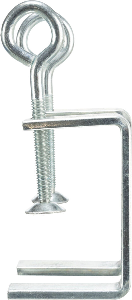 Metallisches C-förmiges Bauteil mit Gewindeschrauben und ringförmigem Kopf oben.