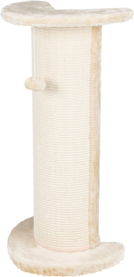 Beigefarbene Kratzsäule mit Plüschbezug und Spielfigur, zylindrische Form, oben und unten mit Platten.