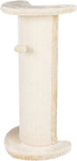 Beigefarbene Kratzsäule mit Plüschbezug und Spielfigur, zylindrische Form, oben und unten mit Platten.
