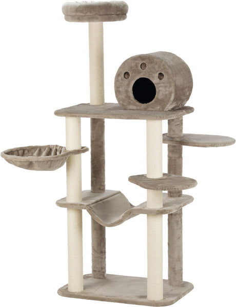 Kratzbaum mit mehreren Ebenen, Hängematte, runder Höhle und gepolsterten Sitzflächen in Beige und Creme.