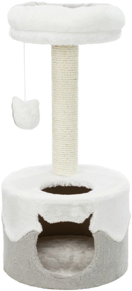 Kratzbaum mit beige Sisalstamm, oben runde Plattform mit Plüschrand, unten graue Höhle und hängendes Spielzeug.