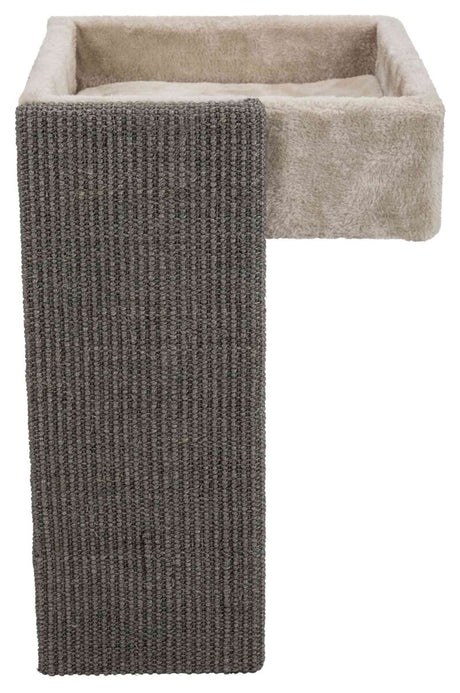Beige Liegefläche mit weicher Polsterung und vertikalem Kratzbrett in dunkelgrauer Struktur.
