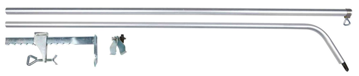 Zwei silberne, metallische Stangen und mehrere metallische Befestigungsteile auf weißem Hintergrund.