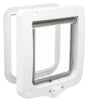 Weiße quadratische Katzenklappe mit durchsichtiger Tür und verriegelbarem Drehverschluss.