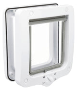 Weiße Haustierklappe mit transparentem Einsatz und Verriegelungsmechanismus aus Kunststoff; quadratische Form.