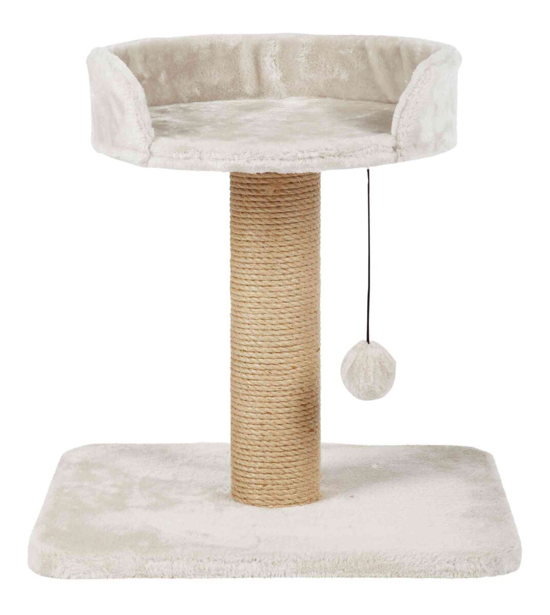 Kratzbaum aus beigem Plüsch mit Standsäule und Spielzeugball, geeignet für Katzen.