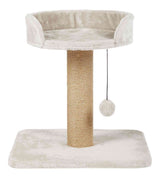 Kratzbaum aus beigem Plüsch mit Standsäule und Spielzeugball, geeignet für Katzen.