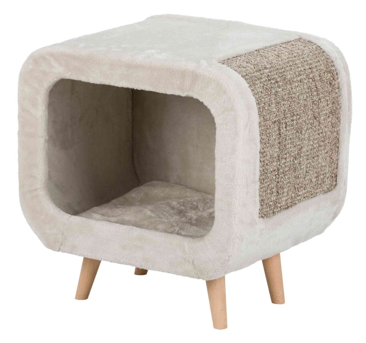 Quadratische, beige Höhle mit vier Holzbeinen und einer seitlichen Kratzfläche.