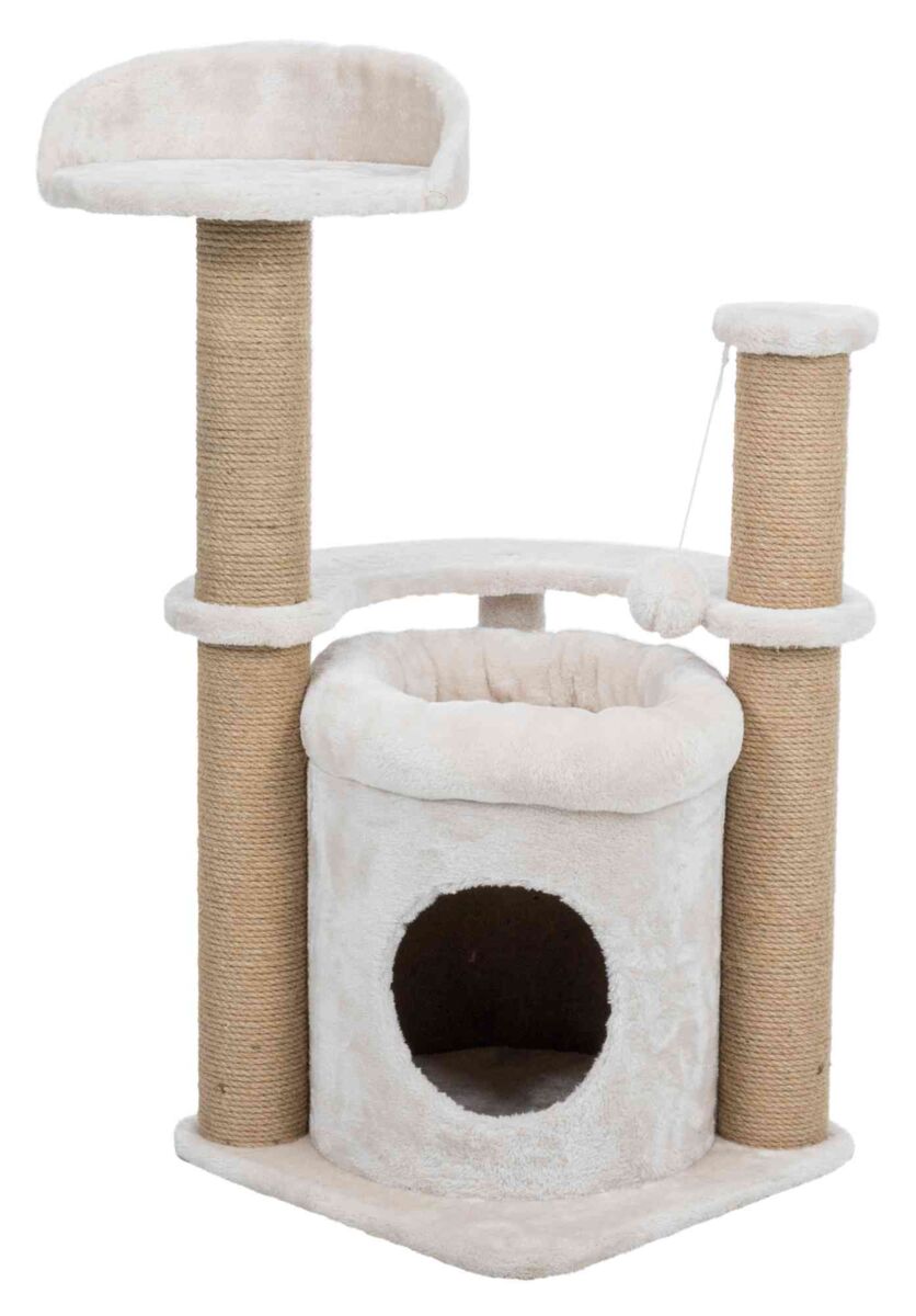 Beigefarbener Kratzbaum mit drei Sisal-Säulen, einer Höhle, einer Plattform und einem Spielball an einer Kordel.