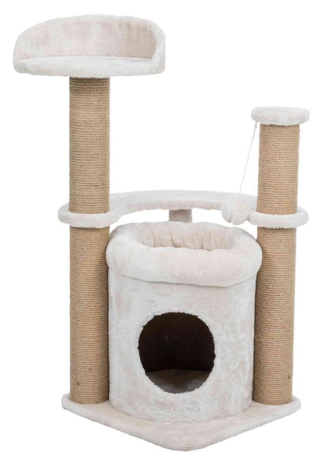 Beigefarbener Kratzbaum mit drei Sisal-Säulen, einer Höhle, einer Plattform und einem Spielball an einer Kordel.