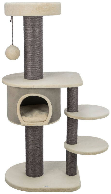 Kratzbaum mit mehreren Ebenen, Höhle und Spielball aus hellem Stoff, Stämme mit dunklem Seil umwickelt.