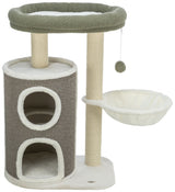 Katzenbaum mit grauem Kratzstamm, zwei Öffnungen, grünem Rand oben, Ball am Seil und weißem Körbchen.