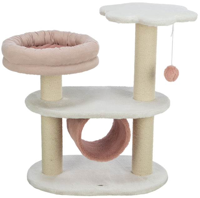 Kratzbaum mit hellem Plüschbezug, oben rosa Bett und Spielzeug, drei Säulen, darunter Tunnel und Ebene.