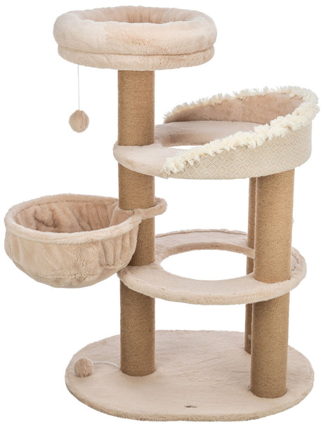 Beigefarbener Kratzbaum aus Plüsch mit mehreren Plattformen und zwei Hängematten, an einer hängt eine Spielzeugkugel.