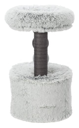 Grauer Kratzbaum mit flauschigem Boden und oberen Plattform, mittig eine dunkle Kratzsäule aus Seil.