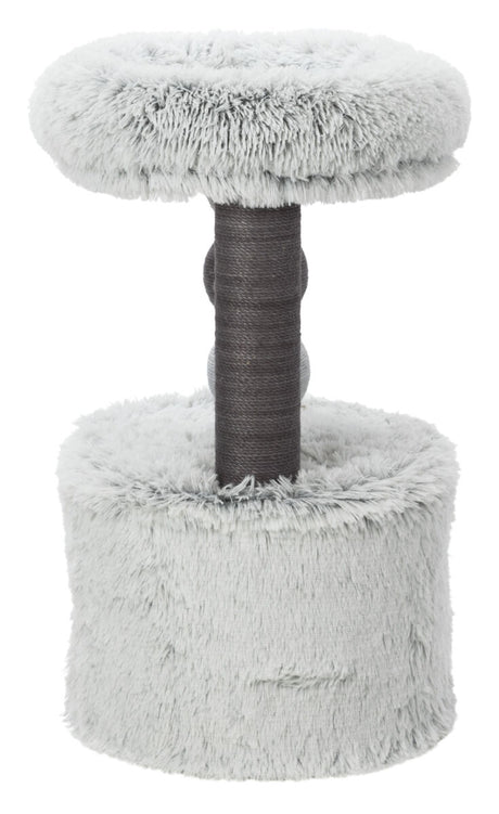 Grauer Kratzbaum mit flauschigem Boden und oberen Plattform, mittig eine dunkle Kratzsäule aus Seil.
