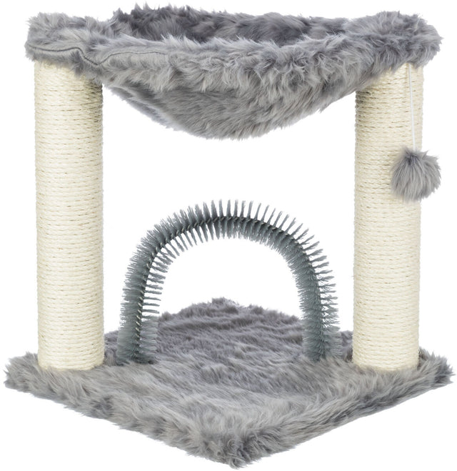 Kratzbaum mit zwei Sisal-Säulen, grauem Plüsch, Schlafhöhle und gebogener Bürste auf Plüschboden.