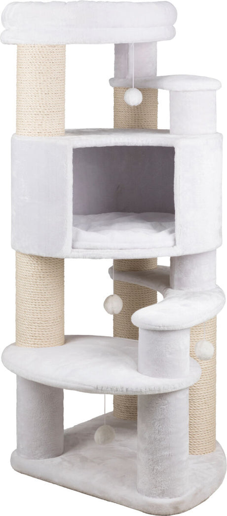 Weißer Katzenturm mit mehreren Plattformen, Sisal-Kratzsäulen und hängenden Spielbällen.