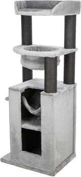Kratzbaum mit mehreren Ebenen in Grau, Plüschbezügen und Sisal umwickelten schwarzen Säulen für Katzen.