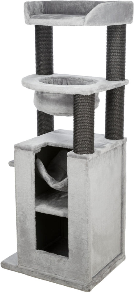 Kratzbaum mit mehreren Ebenen in Grau, Plüschbezügen und Sisal umwickelten schwarzen Säulen für Katzen.