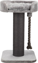 Kratzbaum mit dunkelgrauer Sisalsäule, hellgrauer Plüschplattform und angehängtem Seil zum Spielen.