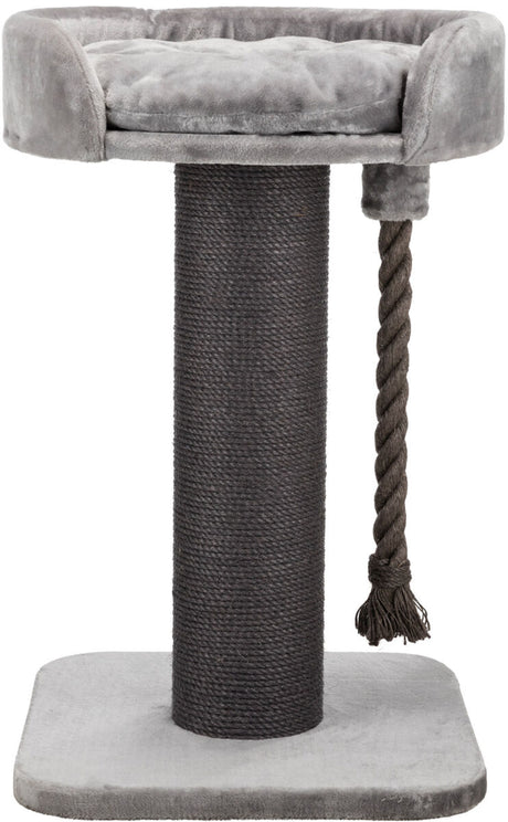 Kratzbaum mit dunkelgrauer Sisalsäule, hellgrauer Plüschplattform und angehängtem Seil zum Spielen.