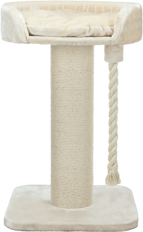 Kratzbaum in Beige mit weichem, gepolstertem Liegebereich, stabilem Sisalstamm und hängendem Seilspielzeug.