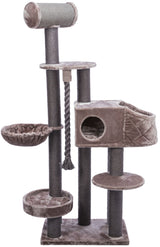 Katzenbaum mit mehreren Plattformen, Höhle, Kratzstange und Hängematte in Braun- und Beigetönen.