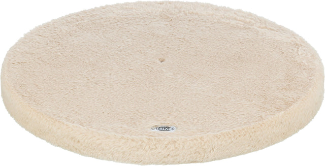 Rundes, beiges, flauschiges Kissen mit eingeprägtem Logo "Trixie" an der Unterseite, Oberfläche samtig.