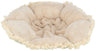 Beiges, rundes, flauschiges Kissen mit Fransenrand aus weichem Stoff, sichtbar von oben.