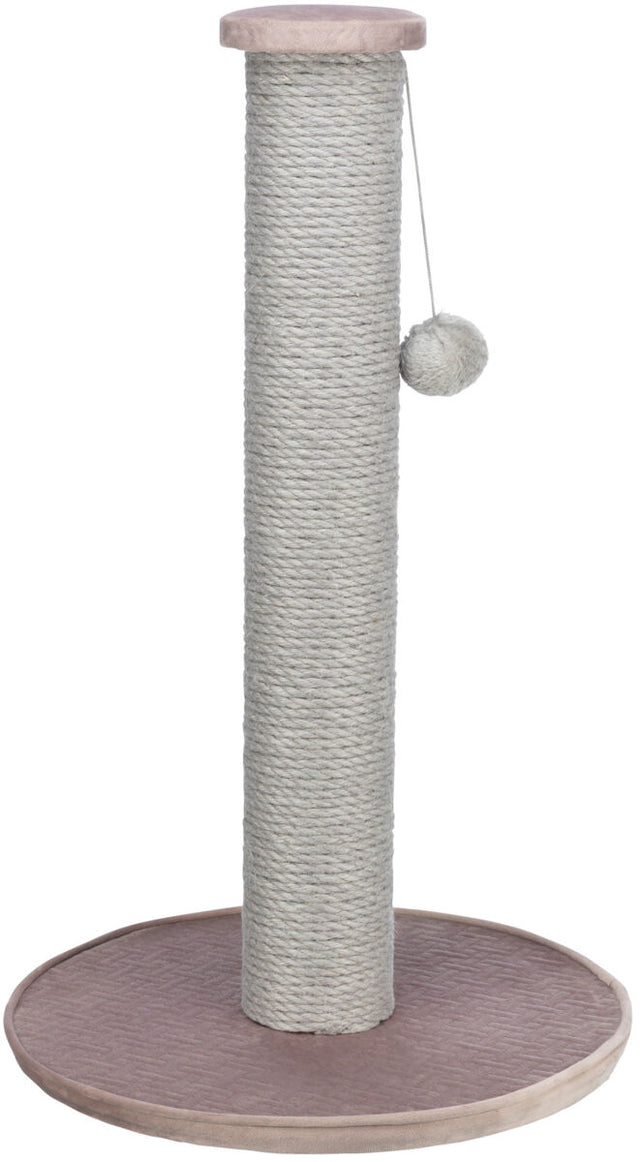 Kratzbaum mit einer hohen, mit Seil umwickelten Säule, rundem Sockel und oben befestigtem Spielzeugball.