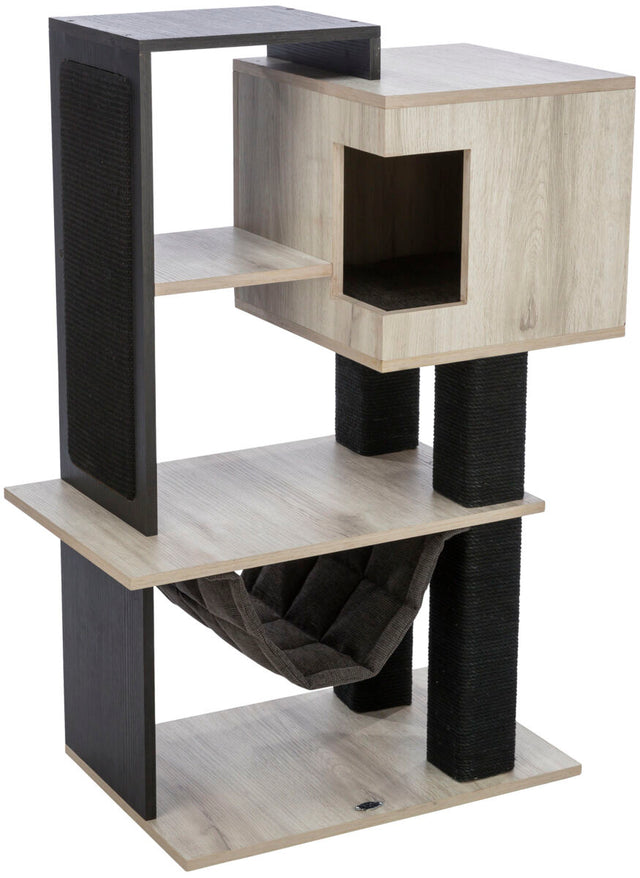 Kletterbaum aus Holz mit vier Ebenen, integrierter Höhle und Hängematte, schwarze Kratzflächen an den Säulen.