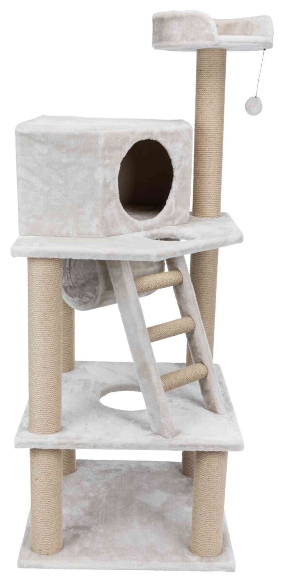 Katzenspielplatz mit zwei Plattformen, hellem Plüsch, einer Höhle, einer Leiter und einem hängenden Spielzeug.