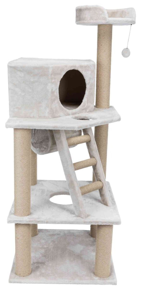 Katzenspielplatz mit zwei Plattformen, hellem Plüsch, einer Höhle, einer Leiter und einem hängenden Spielzeug.