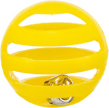 Gelber, durchbrochener Ball mit integrierter kleiner Glocke, aus Kunststoff gefertigt, kugelförmiges Spielzeug.