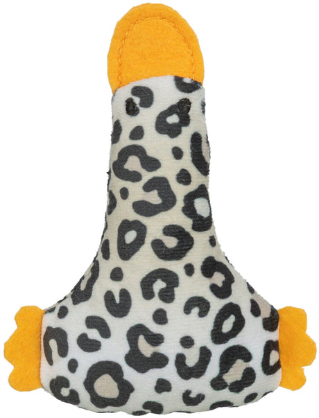 Spielzeug in Form einer Keule mit grauschwarzem Leopardenmuster und gelben Endstücken oben und an den Seiten.