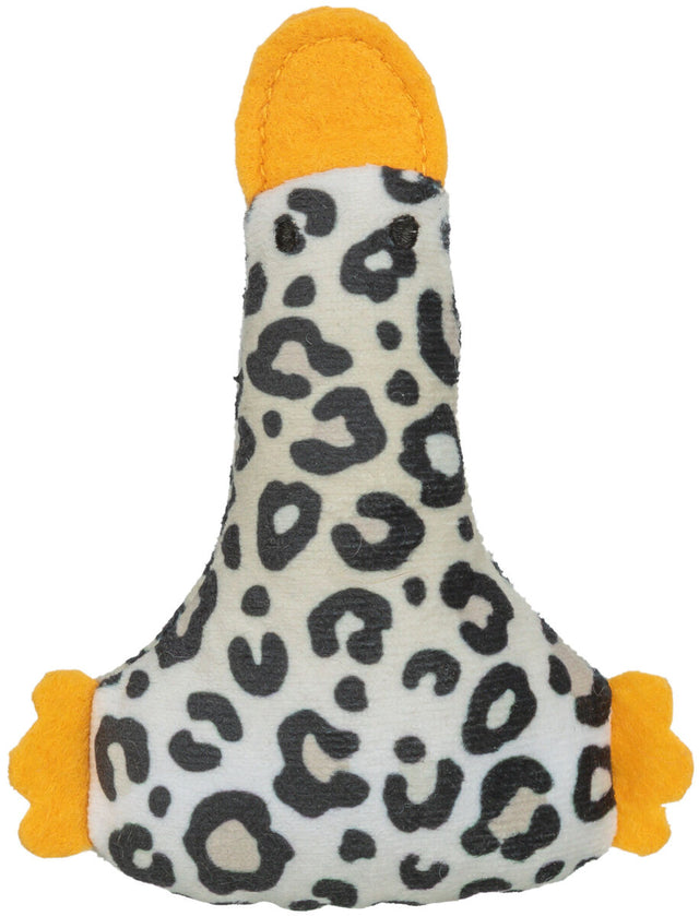 Spielzeug in Form einer Keule mit grauschwarzem Leopardenmuster und gelben Endstücken oben und an den Seiten.