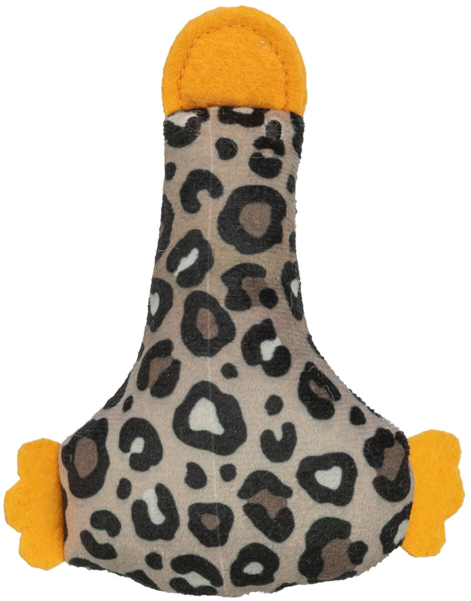 Spielzeug in Form eines Knochens mit Leopardenmuster und orangefarbenen Enden.