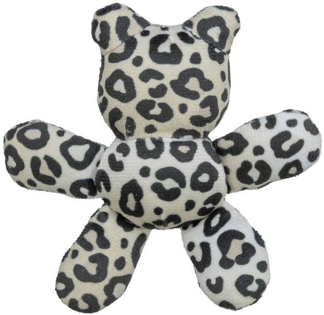 Stofftier in Form eines Bären mit schwarzem Leopardenmuster auf weißem Hintergrund.