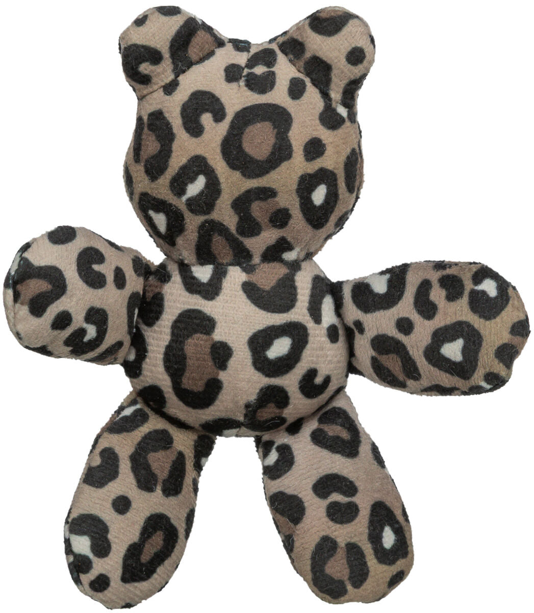 Plüschspielzeug in Form eines Bären mit Leopardenmuster in Braun- und Schwarztönen.