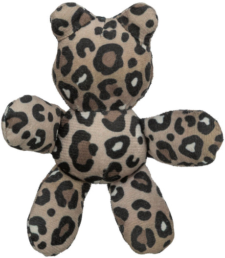 Plüschspielzeug in Form eines Bären mit Leopardenmuster in Braun- und Schwarztönen.