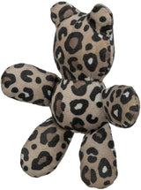 Ein Stofftier in Form eines Bären mit Leopardenmuster in Braun- und Schwarztönen ist abgebildet.