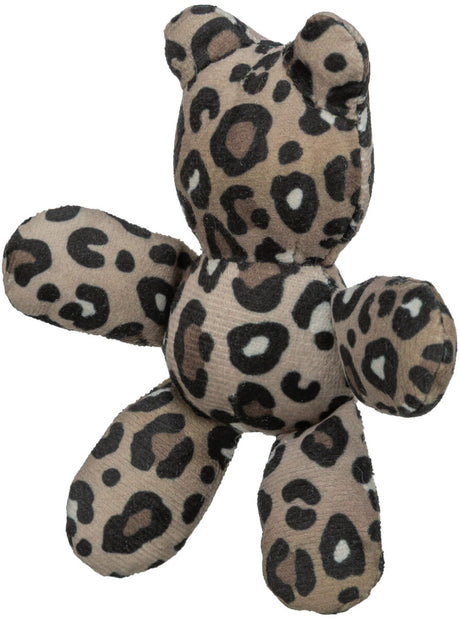Ein Stofftier in Form eines Bären mit Leopardenmuster in Braun- und Schwarztönen ist abgebildet.