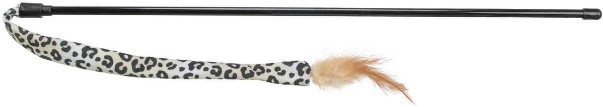 Schwarze Stange mit leopardgemustertem Stoffband und beigefarbenen Federn am Ende.