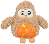 Weiches Kuscheltier in Eulenform mit beigem, flauschigem Körper und orangefarbenem Bauch mit gelben Sonnenmustern.