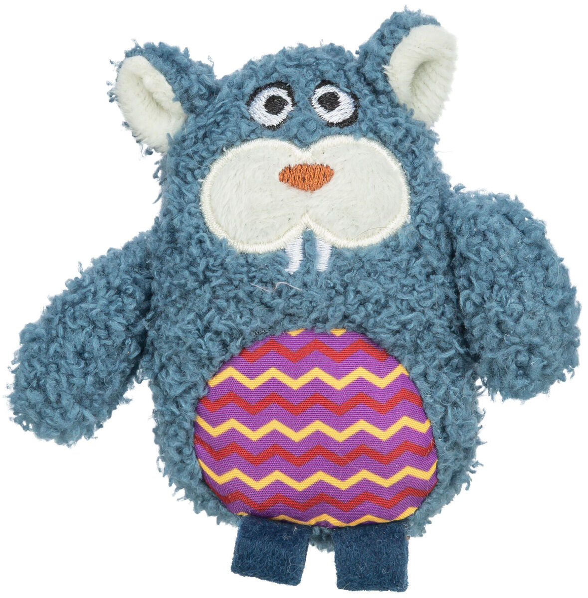 Plüschspielzeug in Blau mit weißen Ohren und oranger Nase, Bauch mit buntem Zickzack-Muster.