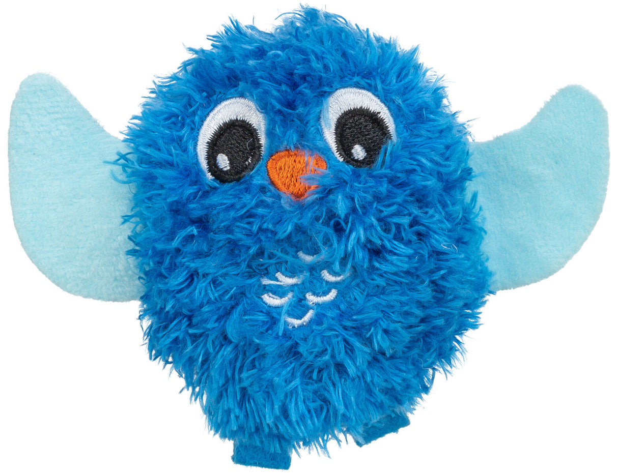 Plüschiges Spielzeug in Form eines blauen Vogels mit großen Augen, orangefarbenem Schnabel und ausgebreiteten Flügeln.